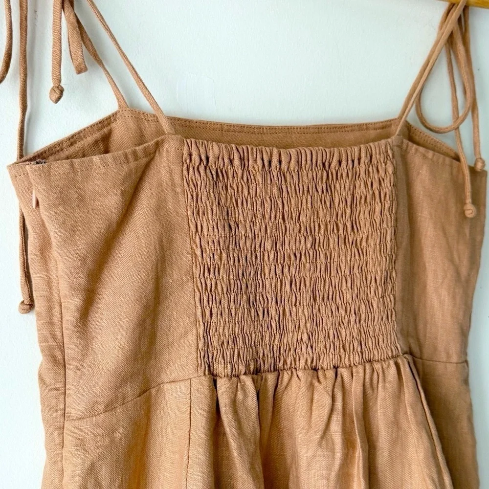 Faithfull the Brand Ysla Linen Smocked Back Shoulder Tie Dress in Hazelnut Sz 6 - Picture 9 of 14